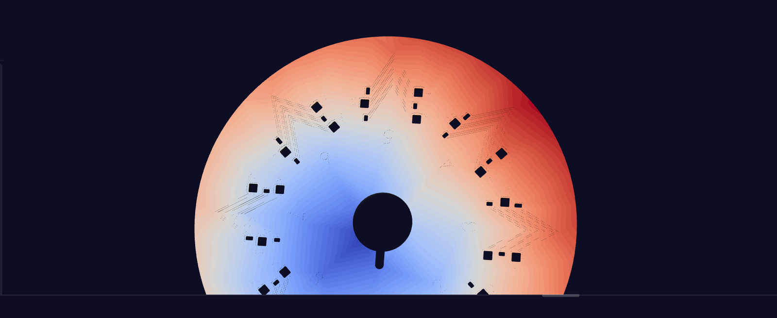 Fill physics simulation with sensor markers around the part perimeter — orange-to-blue scalar field showing pressure distribution.
